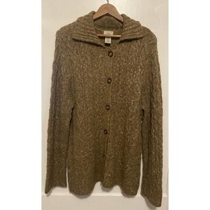 LL Bean Wool Blend Cable Knit Cardigan Sweater Size large W/wood Hanger